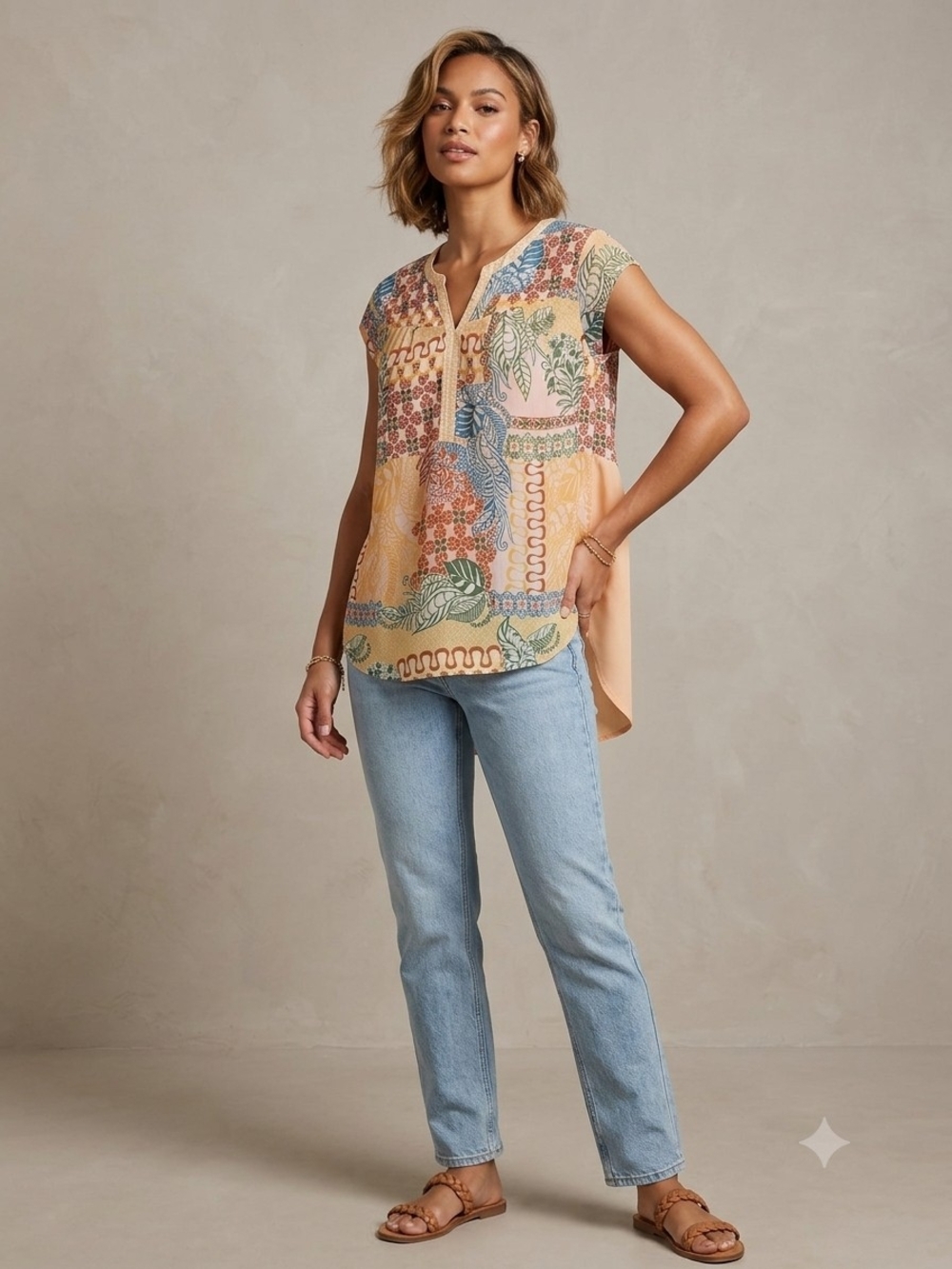 Cato Yellow Patterned Trim Floral Blouse